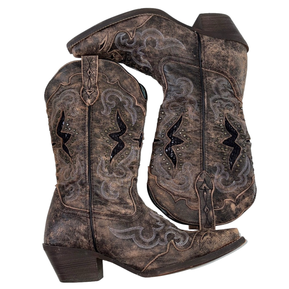Laredo Distressed Brown Western Boots Bling Cowgirl Size 8.5